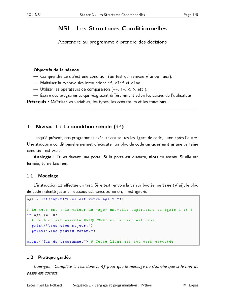 Structures conditionnelles en Python | PDF | Informatique | Génie logiciel