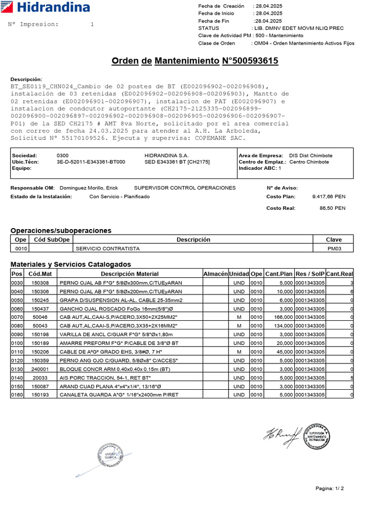 Orden de Mantenimiento 500593615 BT | PDF