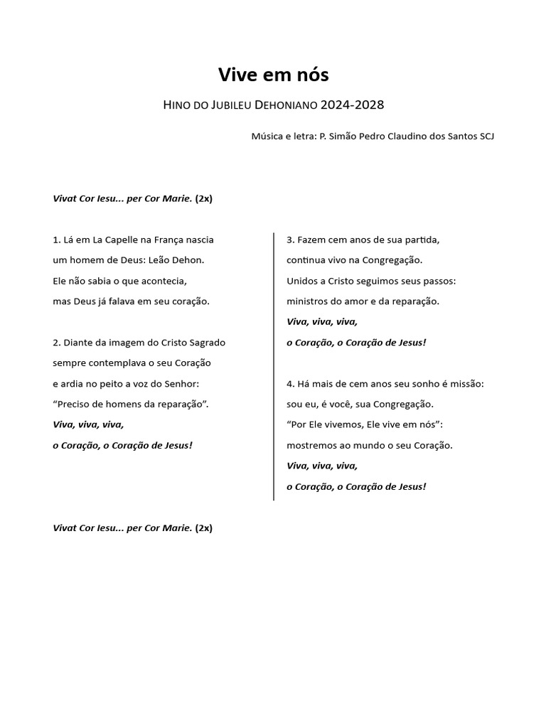 PT - Hino Do Jubileu Dehoniano (Letra) | PDF, image size:768x1024