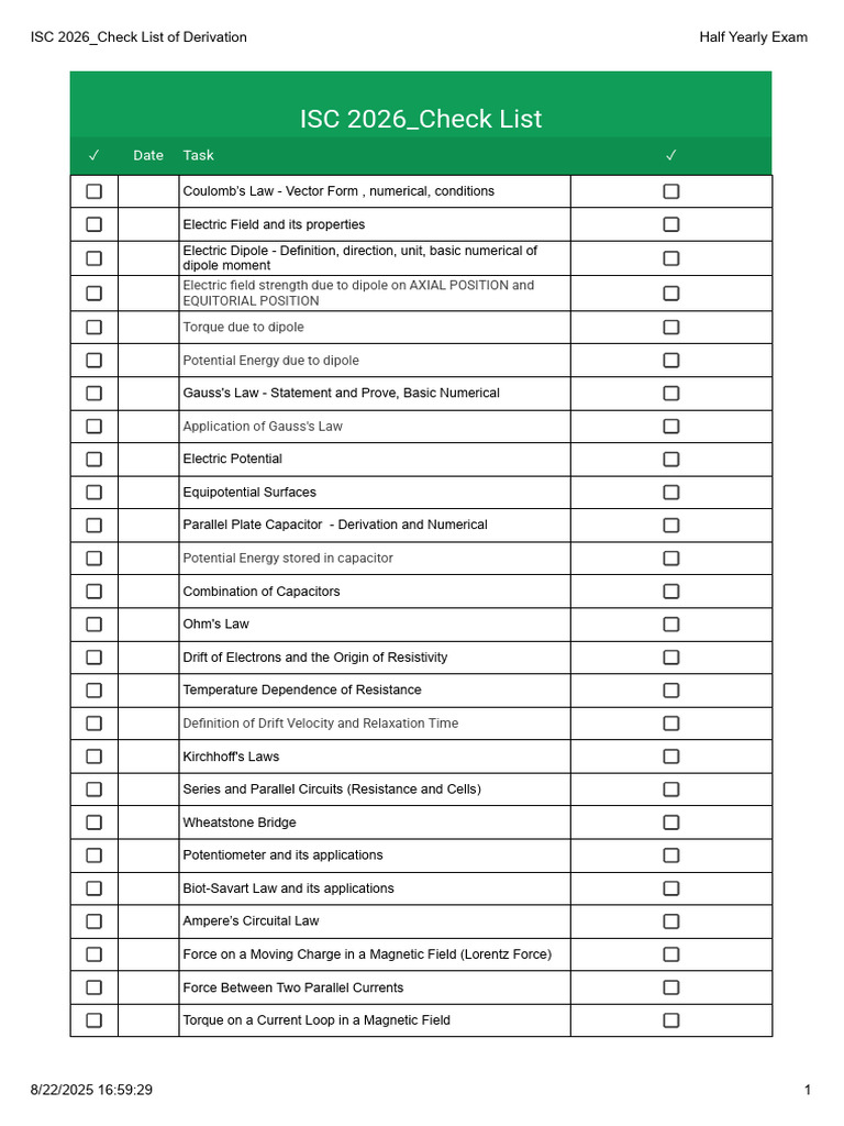ISC 2026 Physics Exam Derivation Checklist | PDF | Electric Current ...