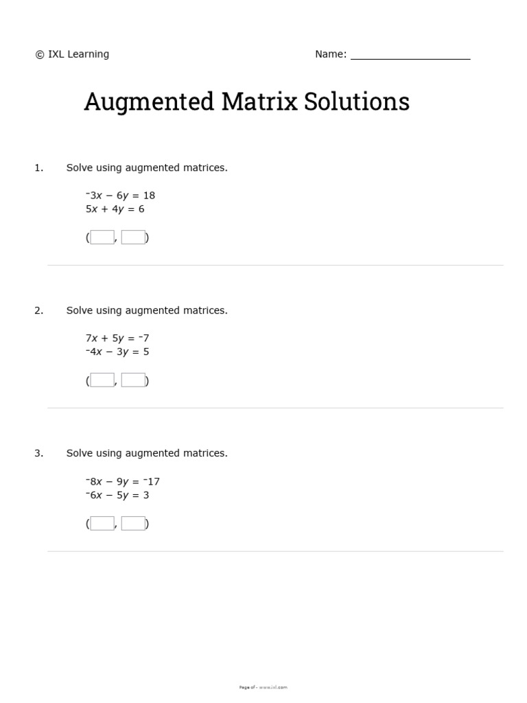 Augmented Matrix Solution - Worksheet | PDF | Hardcover | Matrix ...