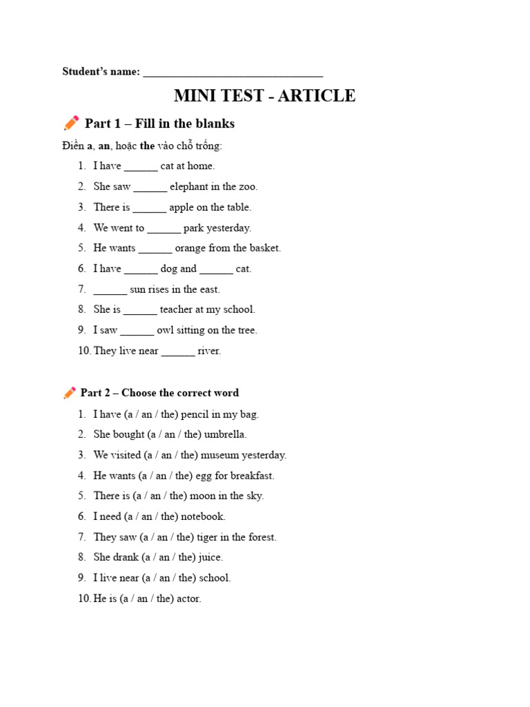 Mini Test on Articles: A, An, The | PDF