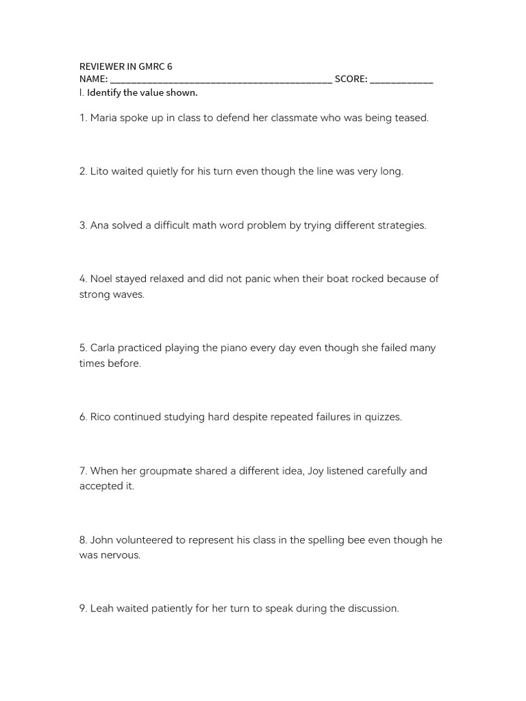 GMRC 6 Values Assessment Guide | PDF