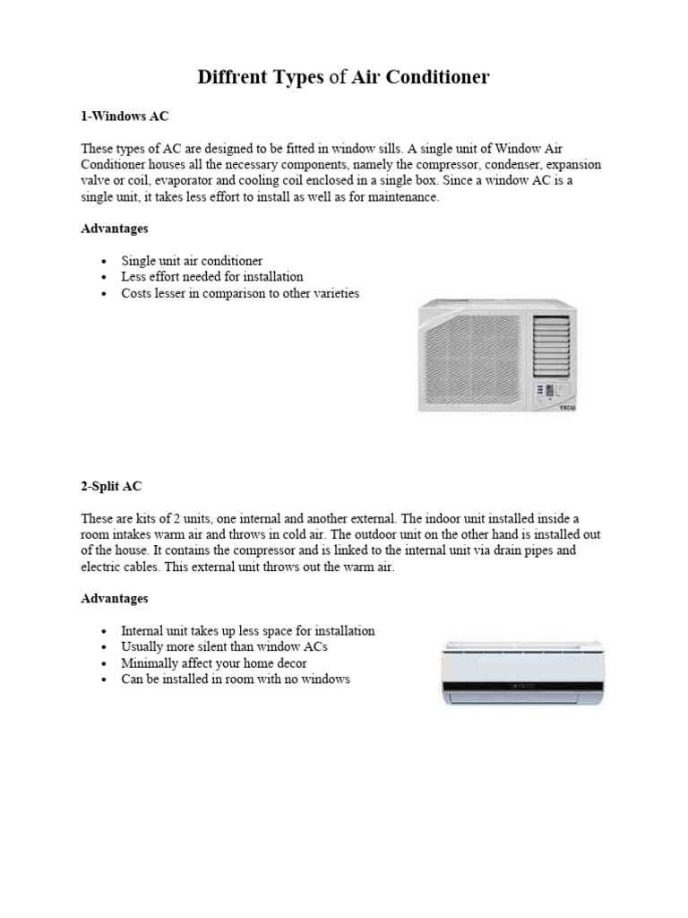 Types of Air Conditioners Explained | PDF | Air Conditioning | Heat ...