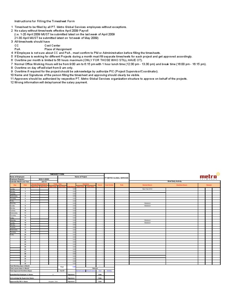 Instructions for Completing Timesheet Forms at PT. Metro Global
