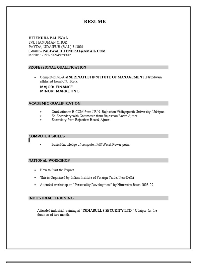 Hitendra Paliwal Resume - MBA Finance | PDF