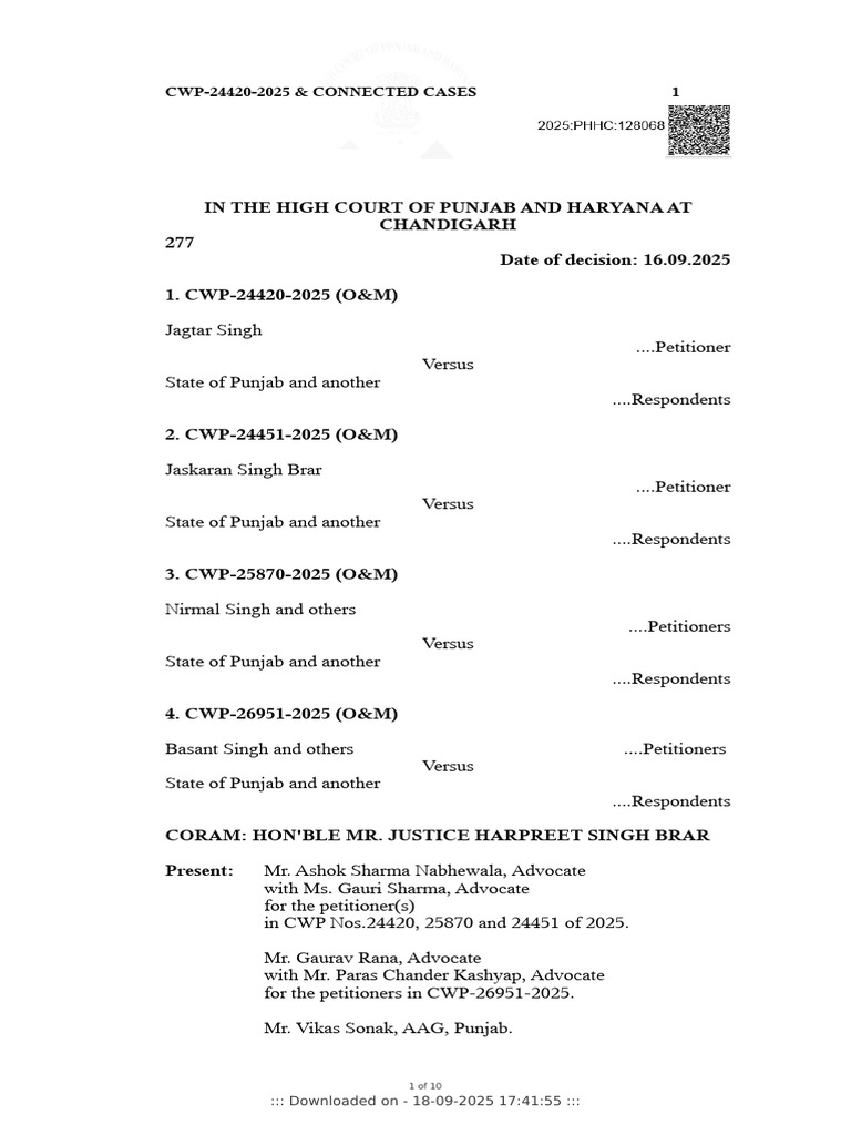 Punjab High Court Writ Petitions 2025 | PDF | Certiorari | Judiciaries