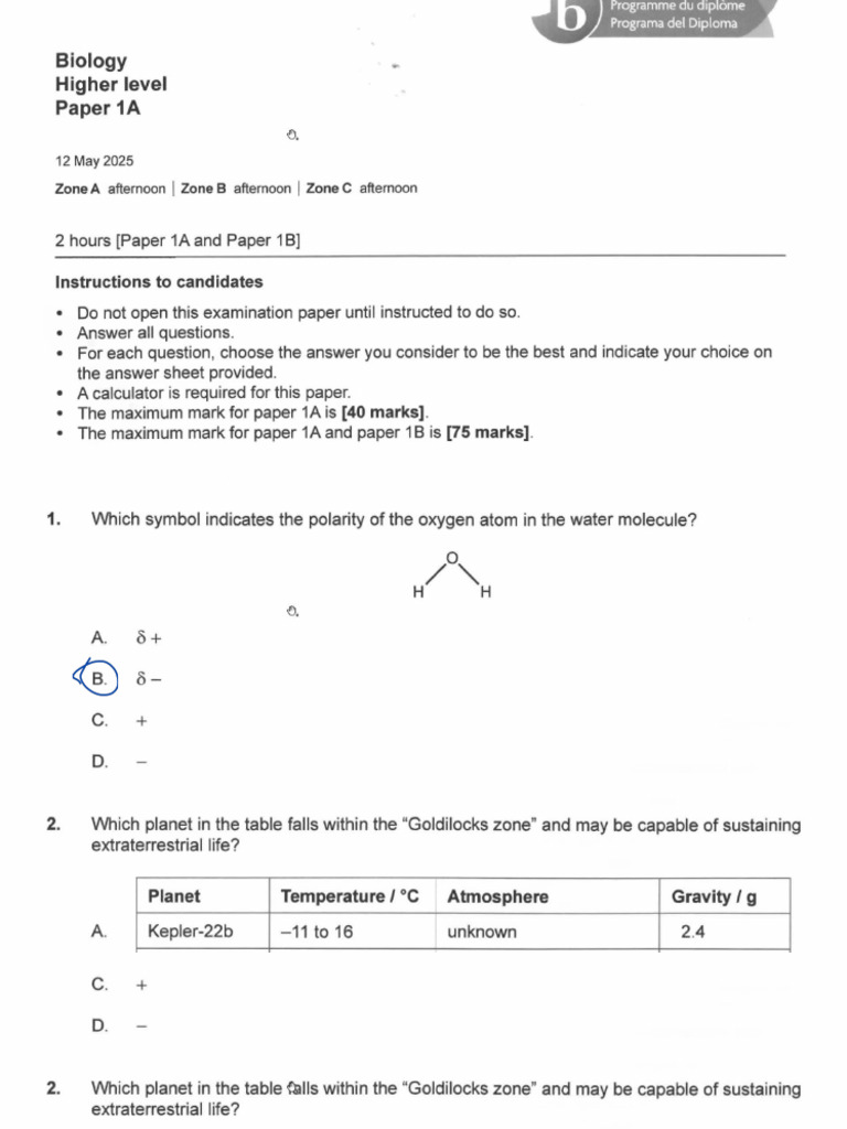 Bio Paper 1A HL TZA | PDF