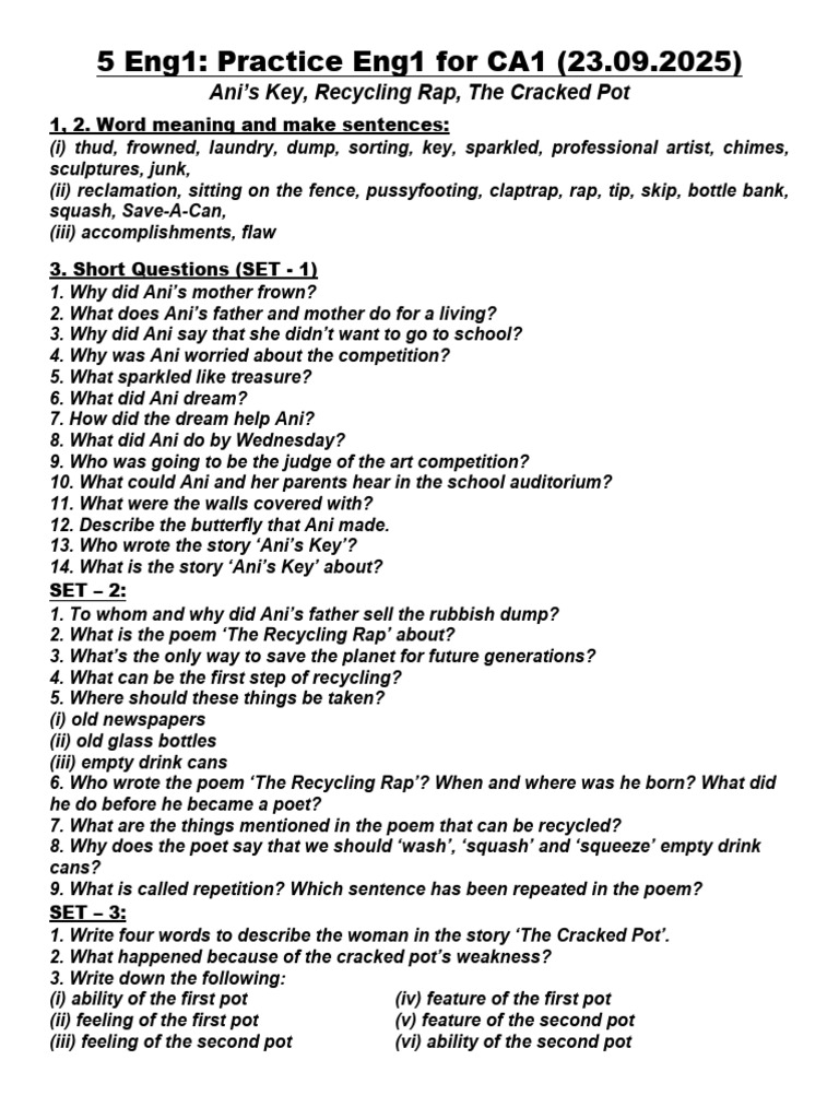 Eng1 Practice for CA1: Key Stories & Questions | PDF | Grammar ...