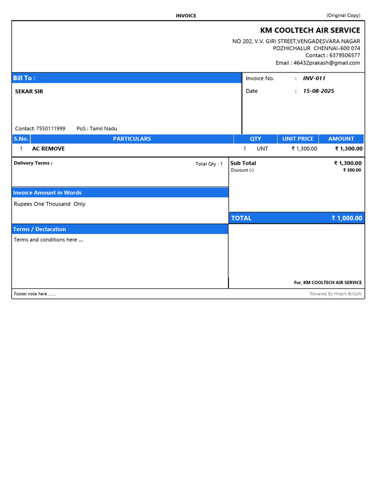 KM Cooltech Air Service Invoice | PDF