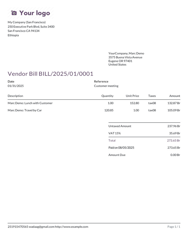 Vendor Bill Summary for Marc Demo | PDF