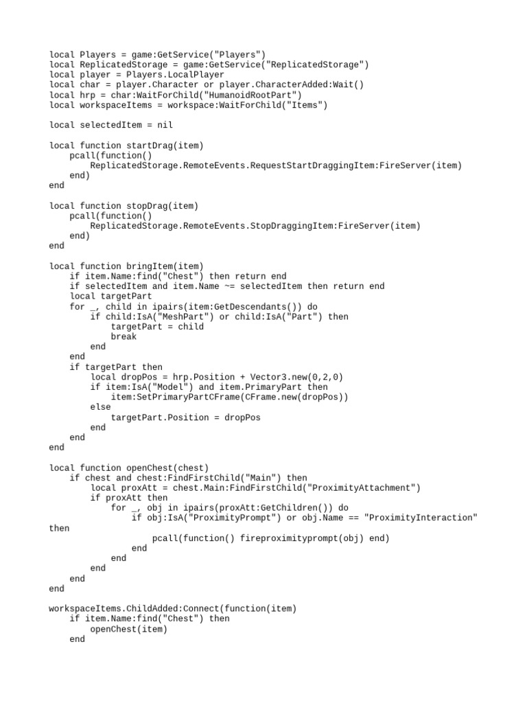 Bring Items Script for 99 Nights | PDF