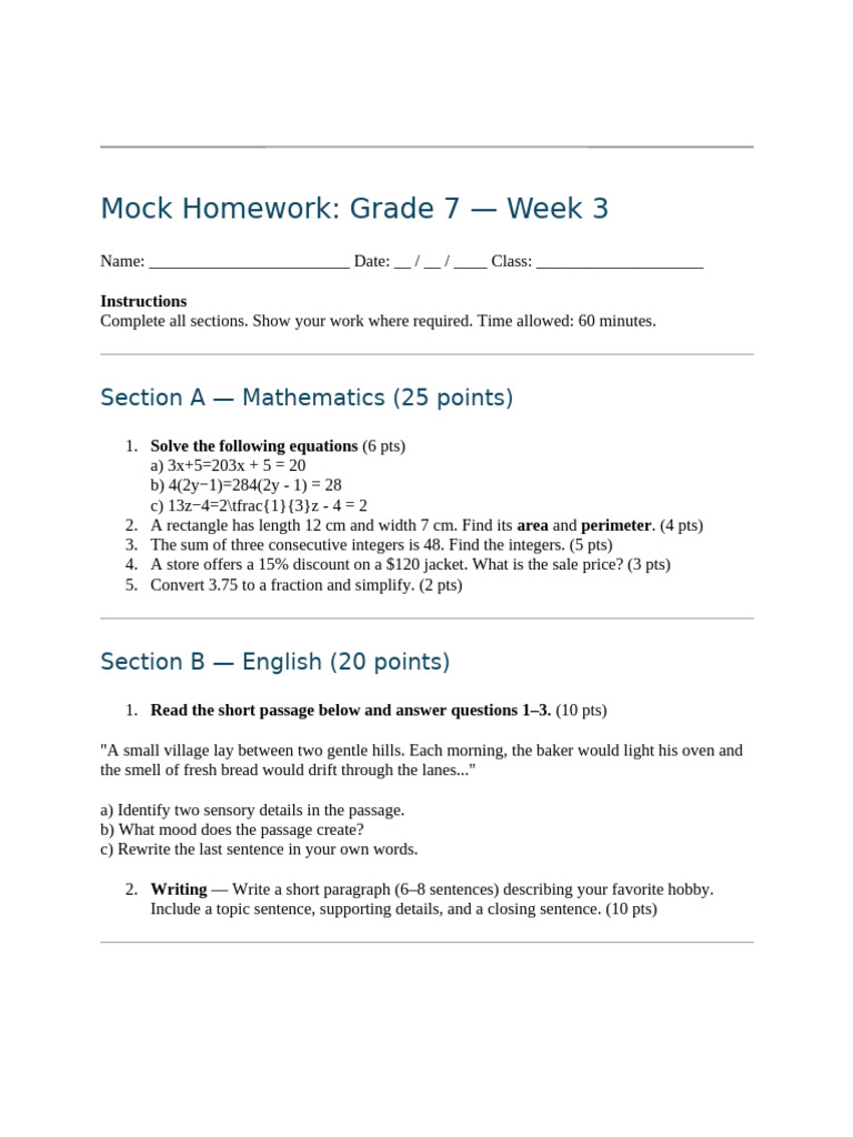 Grade 7 Mock Homework Assignment | PDF | Photosynthesis | Biology