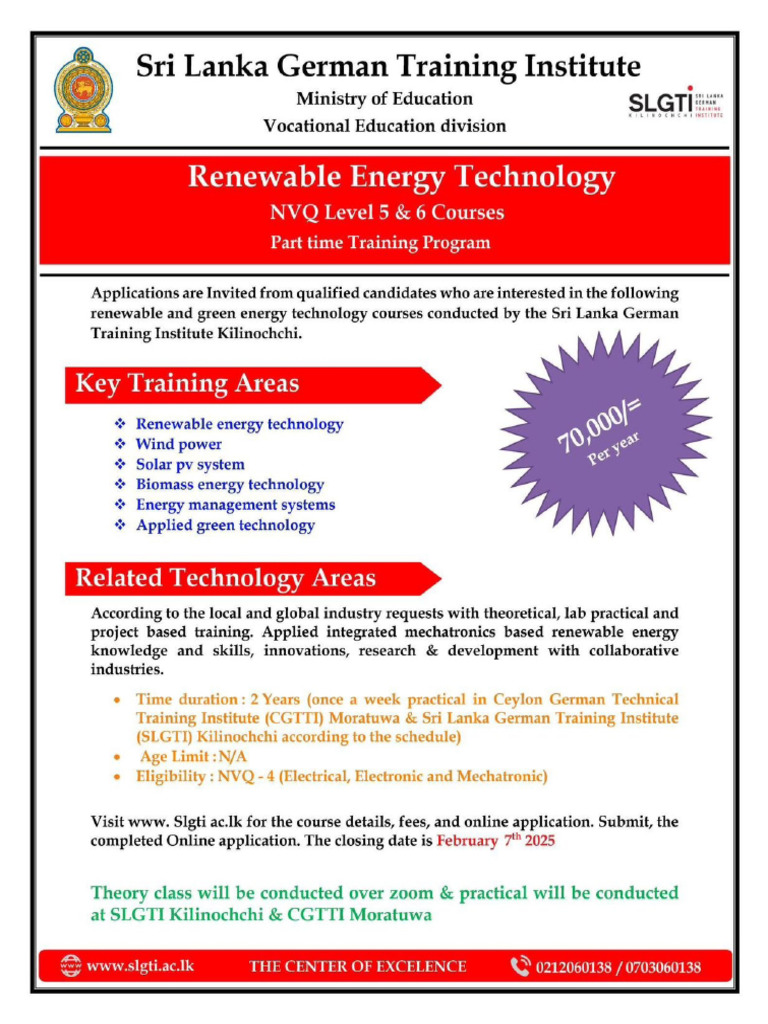 Renewable Energy Technology Part Time Training Program 2025 SLGTI | PDF