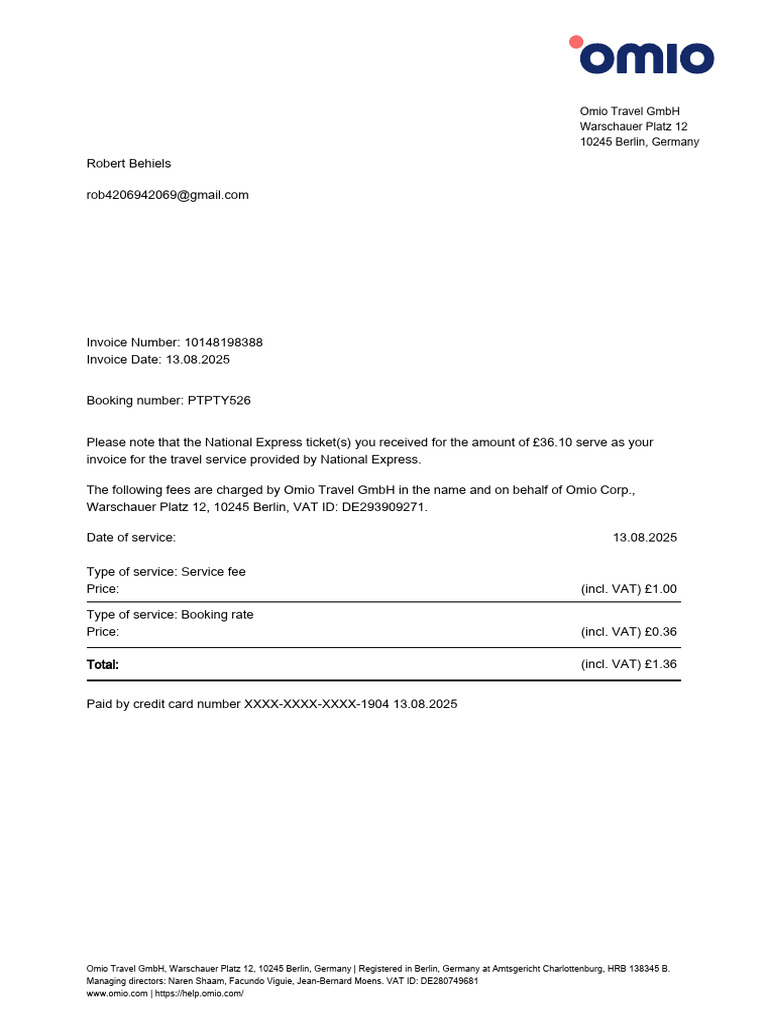 Omio Invoice PTPTY526 | PDF