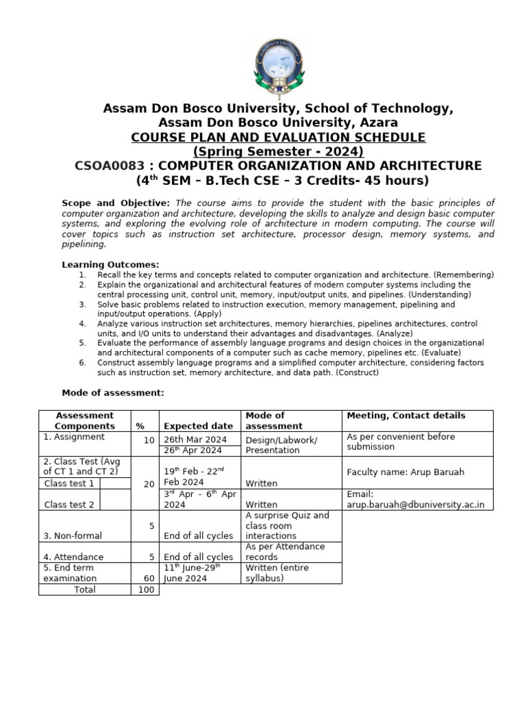 Computer Organization Course Plan 2024 | PDF | Input/Output | Central ...