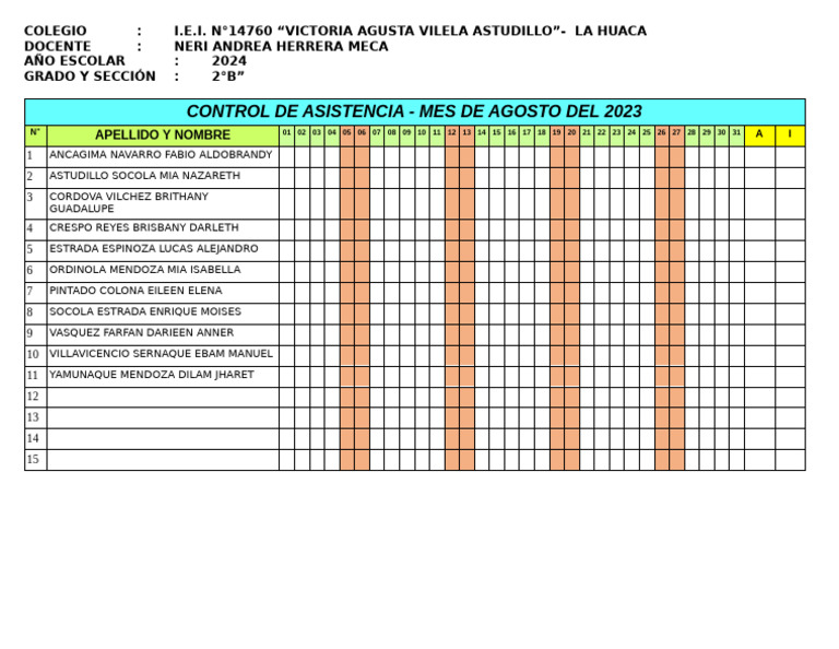 Control de Asistencia Agosto 2023 | PDF