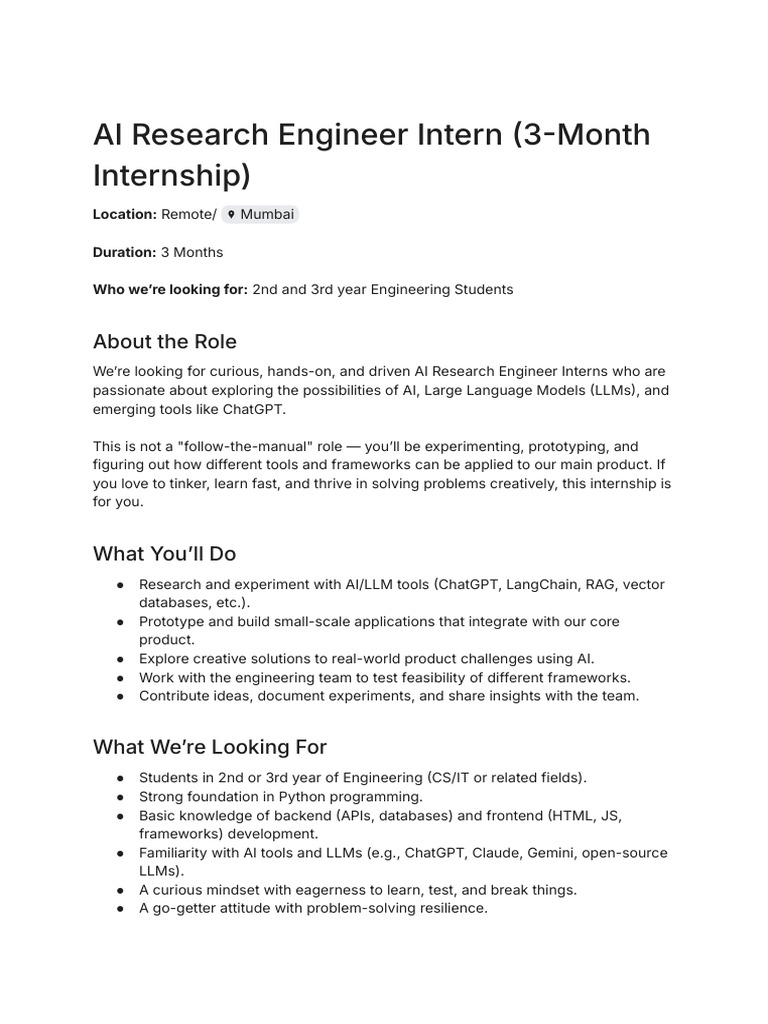 AI Research Engineer Intern (3-Month Internship) | PDF