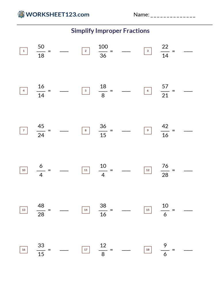 Simplifying Improper Fractions Worksheet | PDF | Division (Mathematics)