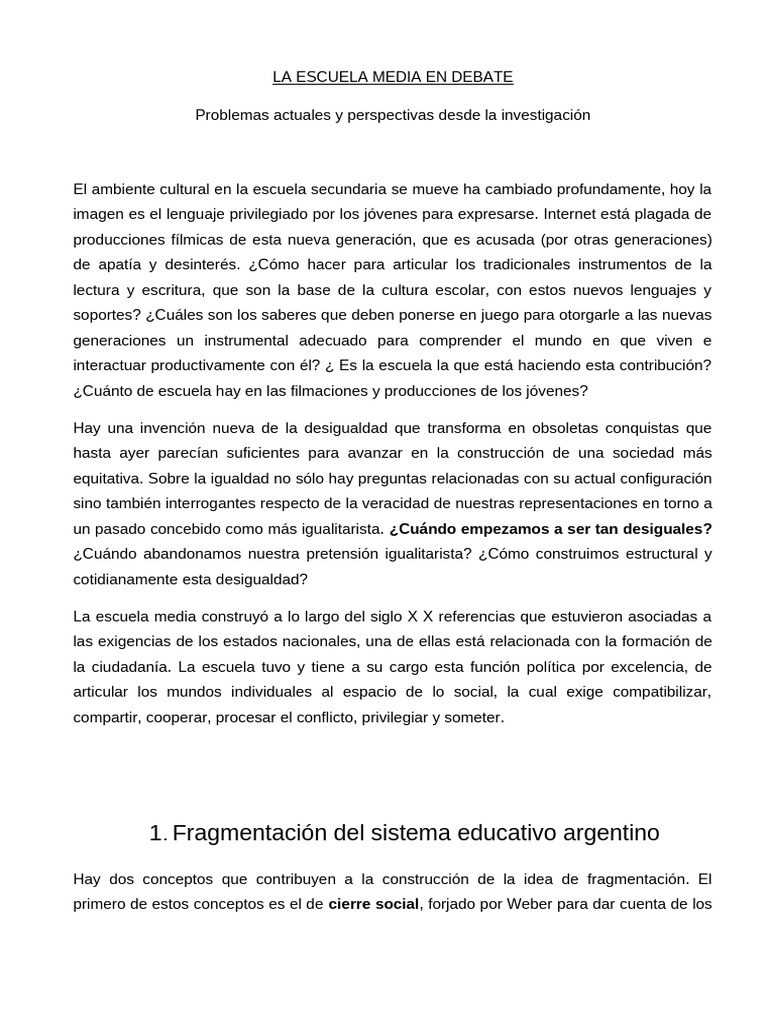 La Escuela Media en Debate | PDF | Desigualdad social | Discriminación ...