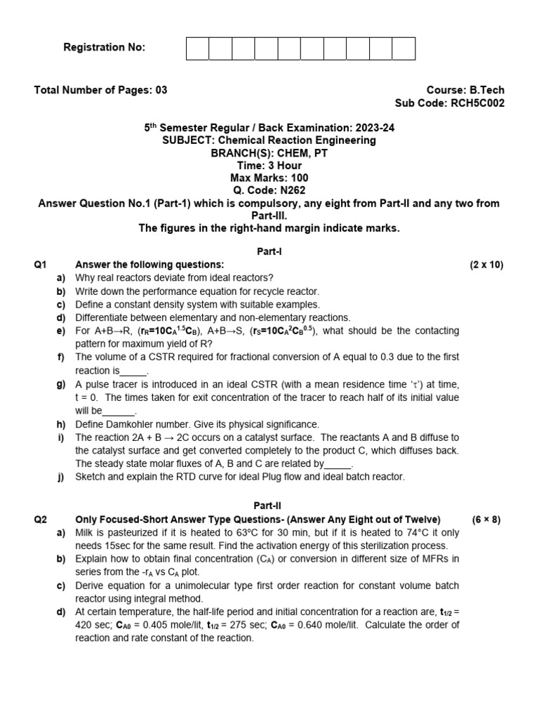 Chemical Reaction Engineering Exam 2023-24 | PDF | Chemical Reactor ...