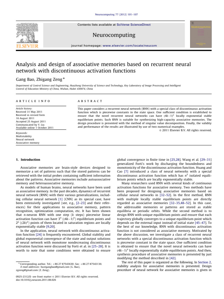Analysis and Design of Associative Memories Based On Recurrent Neural ...