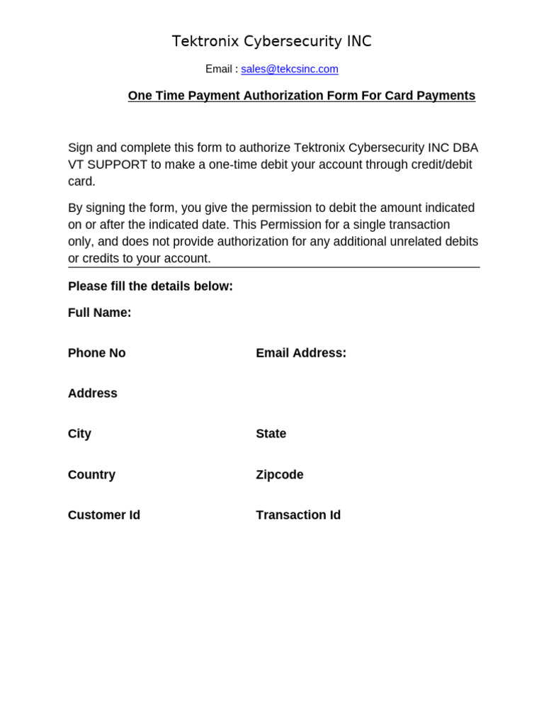 One-Time Payment Authorization Form | PDF | Debit Card | Computer Security