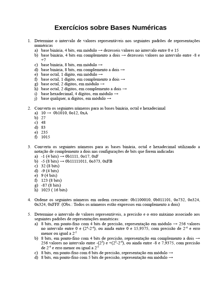 Exercícios de Bases Numéricas e Conversões | PDF | Endereço de IP ...