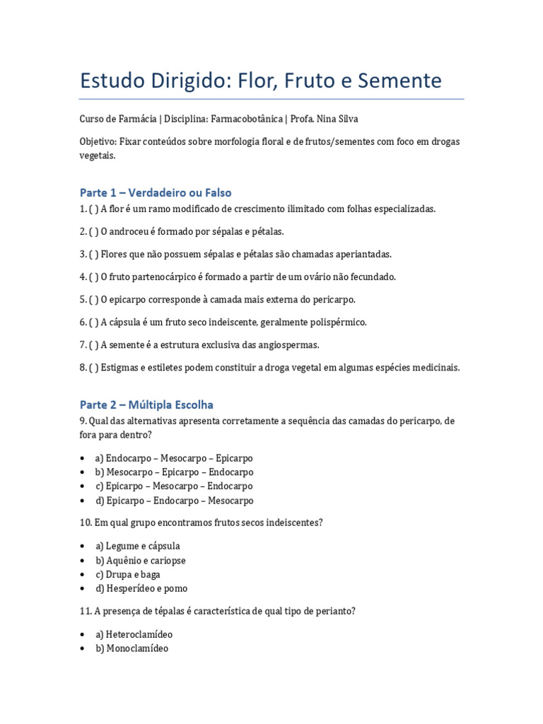 Morfologia de Flores, Frutos e Sementes | PDF | Botânica | Reprodução ...