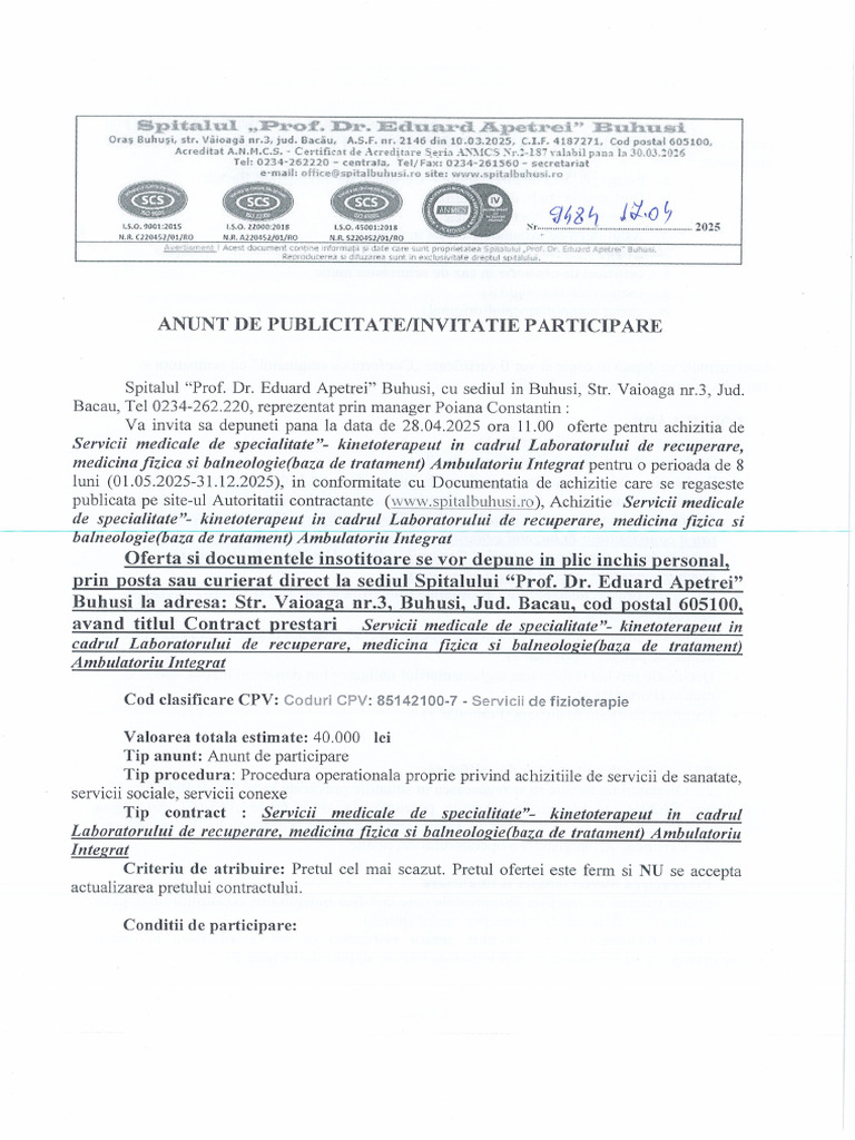 Anunt de Publicitate Kinetoterapeut | PDF