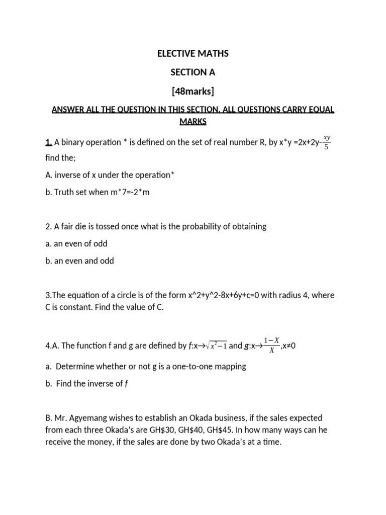 Elective Maths Exam Questions and Solutions | PDF | Function ...