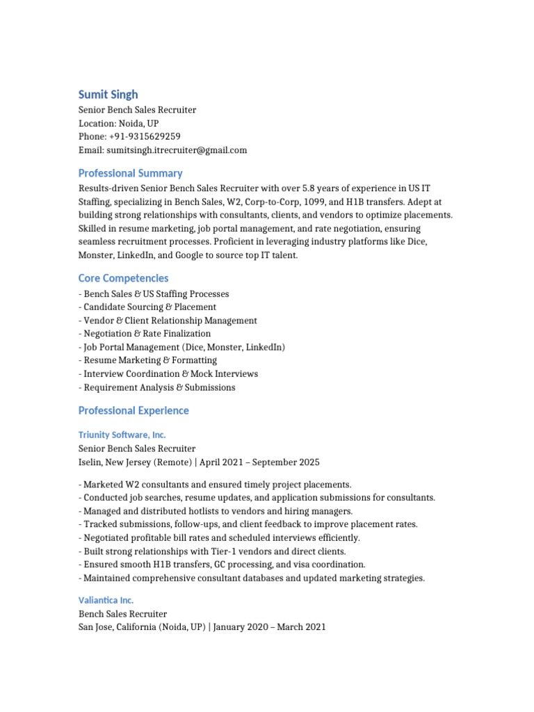 Senior Bench Sales Recruiter Profile | PDF