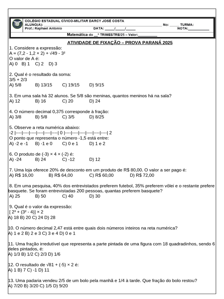 Atividades Prova Paraná 2025 - 9º Ano | PDF | Divisão (Matemática ...