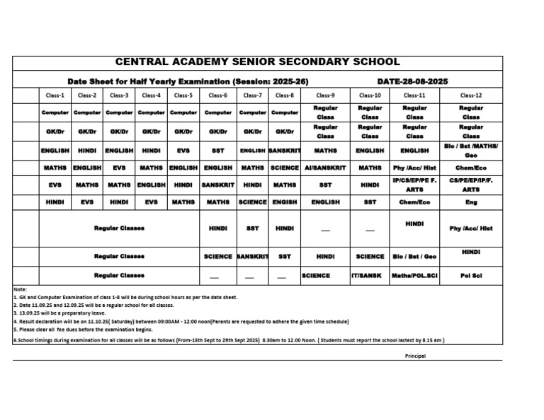 2025-26 Half Yearly Exam Schedule | PDF | Chess Theory | Chess Openings