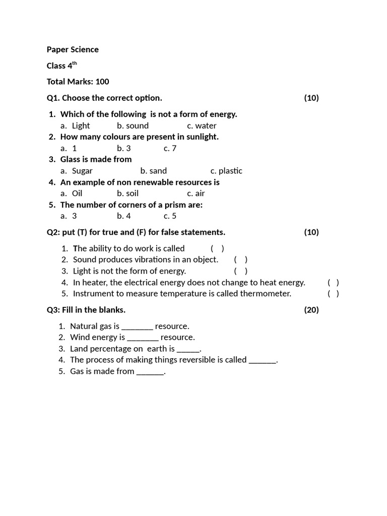 Class 4 Paper Science Exam Guide | PDF