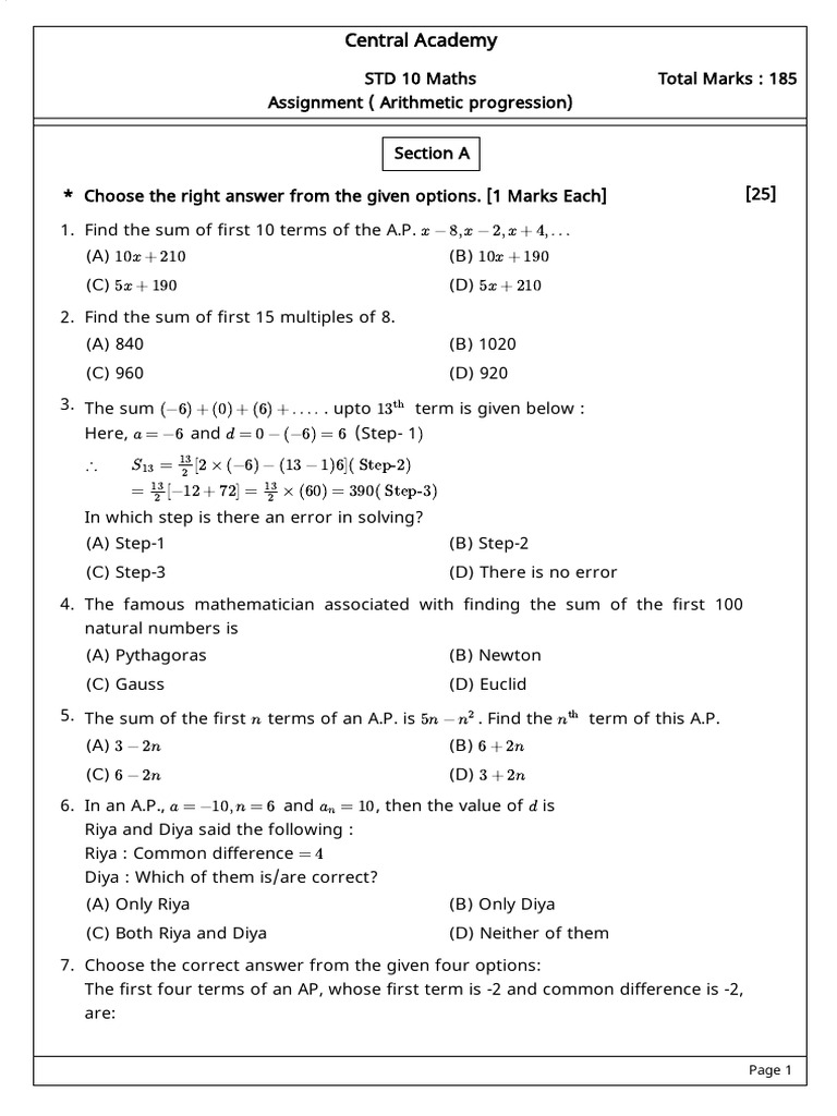 Arithmetic Progression Assignment Questions | PDF | Mathematics ...