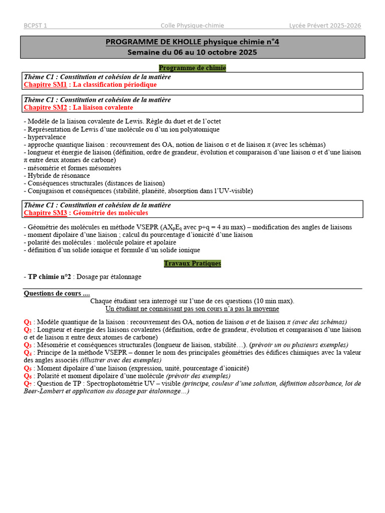 Programme de Colle Physique-Chimie 2025 | PDF | Liaison chimique | Atomes