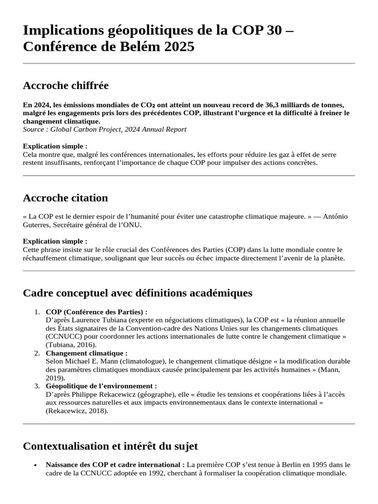 Géopolitique et enjeux de la COP 30 | PDF | Changement climatique ...