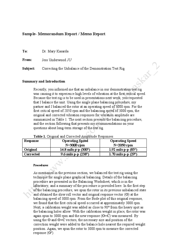 Sample- Memorandum Report Memo Report | Bracket | Orthography