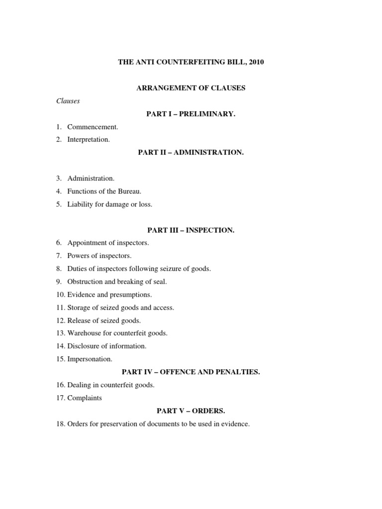 Ugandan Counterfeit Goods Bill (2010) PDF Trademark Intellectual