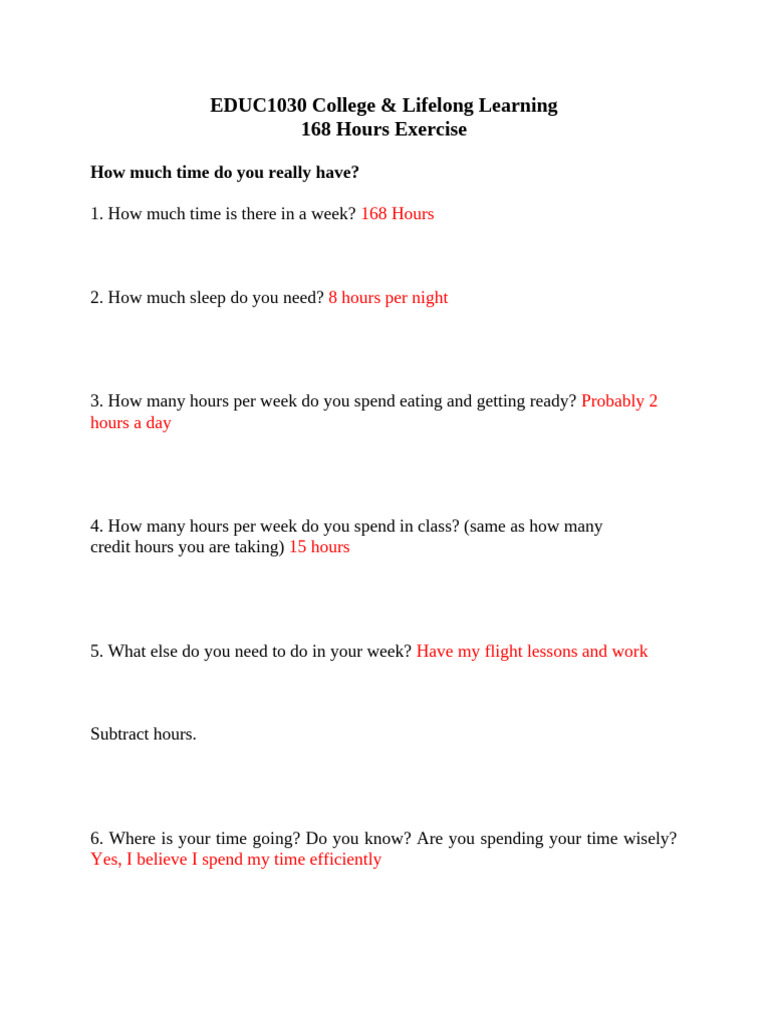 Time Management: The 168 Hours Exercise | PDF