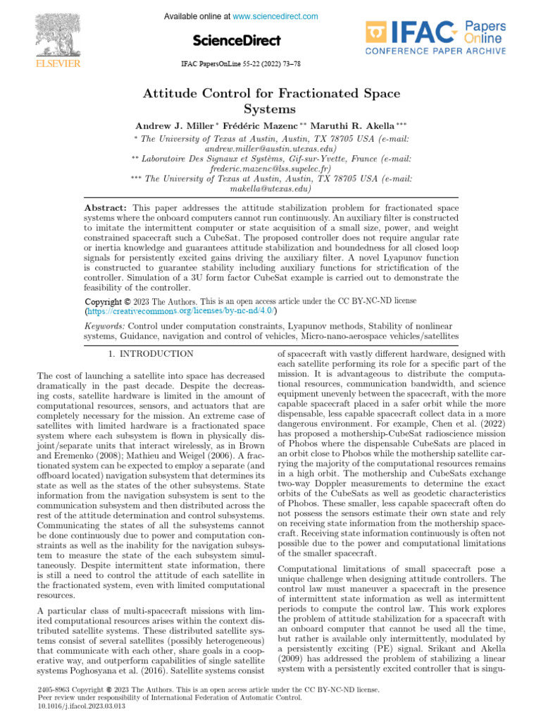 Attitude Control For Fractionated Space Systems 2022 IFAC PapersOnLine ...