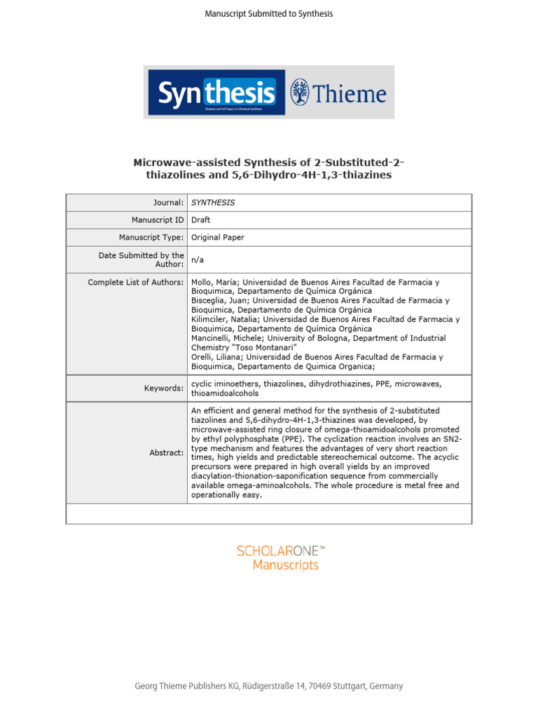 Microwave Assisted Synthesis of 2 Substituted 2 Thiazolines and 5,6 ...