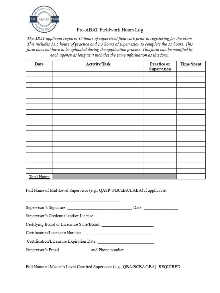 Pre-ABAT Fieldwork Hours Log Template | PDF