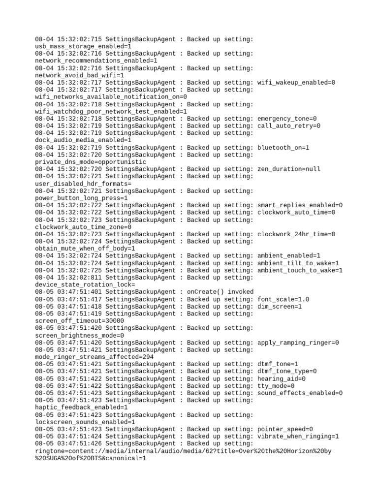 Android Settings Backup Log | PDF