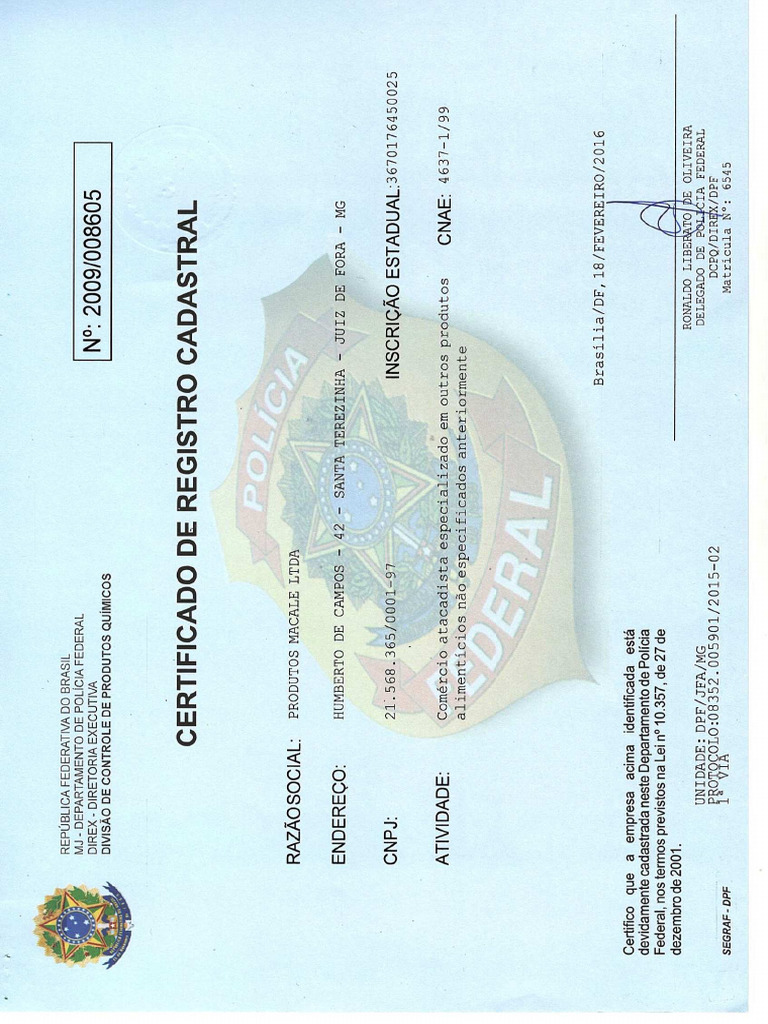 Certificado De Registro Cadastral Macalé Pdf