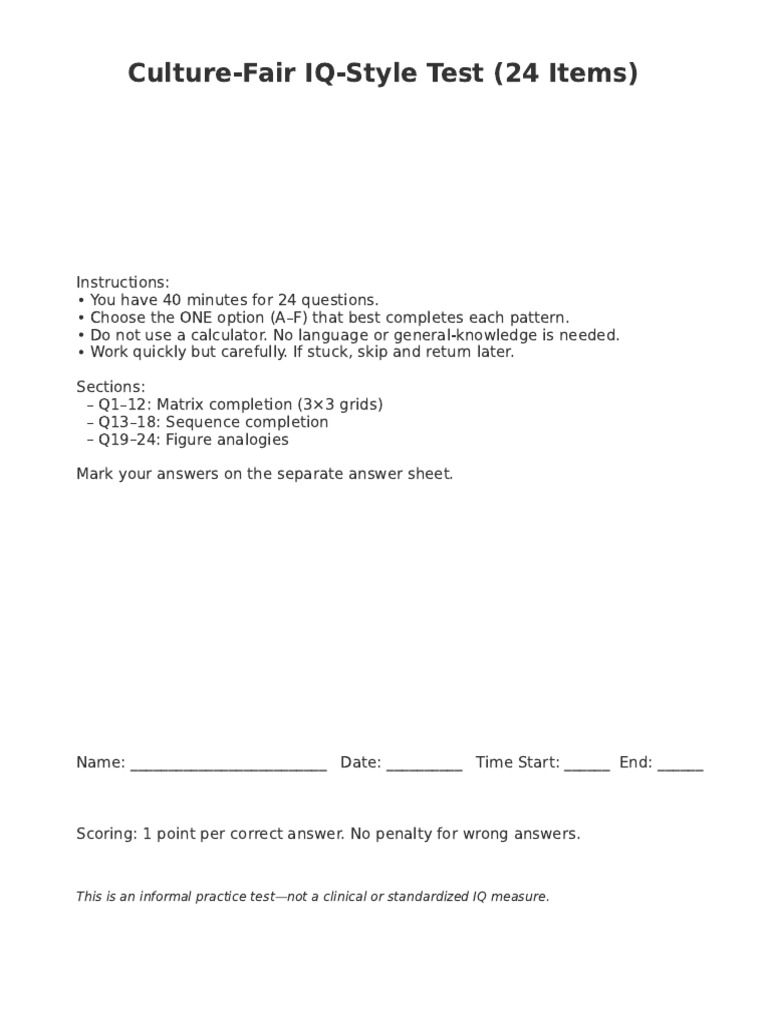Culture Fair IQ Test Practice Guide | PDF | Psychometrics | Intelligence
