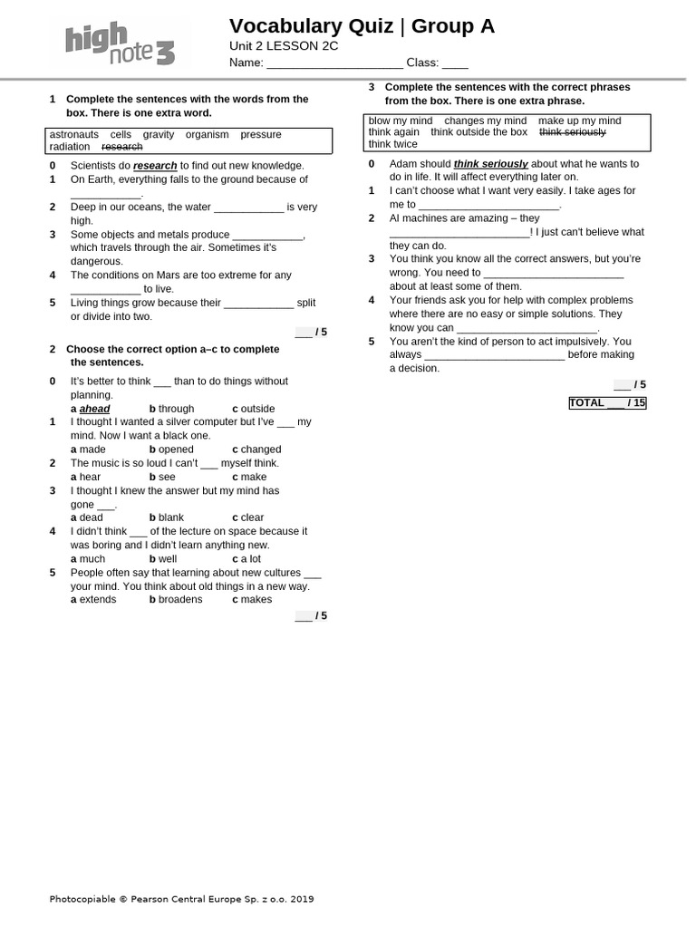 HighNote3 U2C Vocabulary Quiz A | PDF | Mind