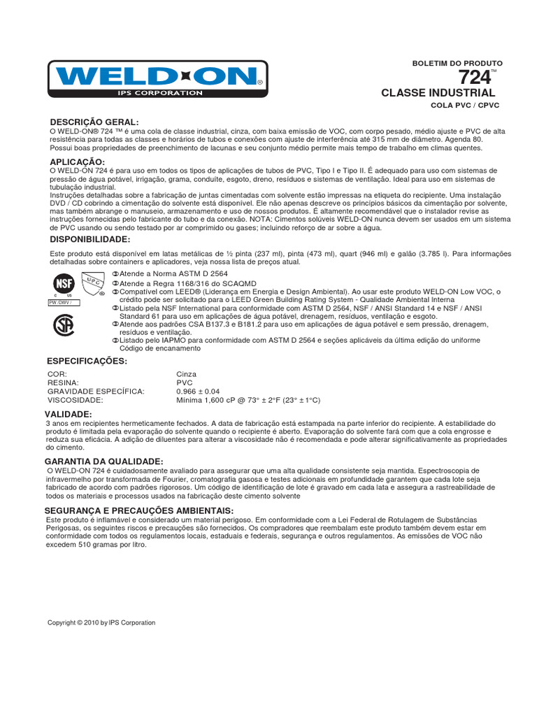 Cola PVC Weld-On 724: Aplicações e Segurança | PDF | Solvente ...