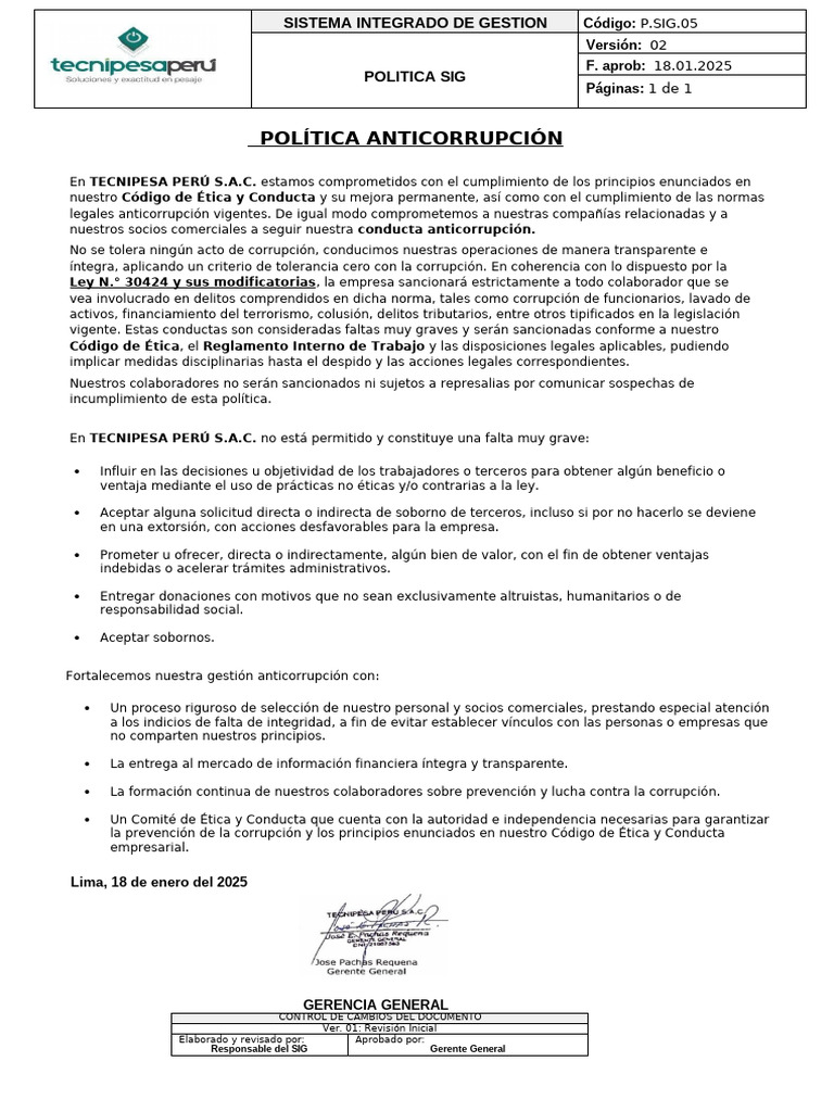 Política Anticorrupción en TECNIPESA | PDF | Corrupción política | Soborno